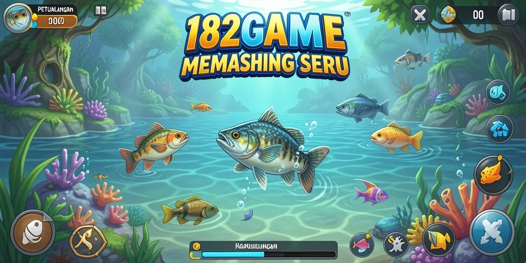 Screenshot gameplay <strong>182GAME</strong> dengan ikan yang ditangkap di pemandangan indah.