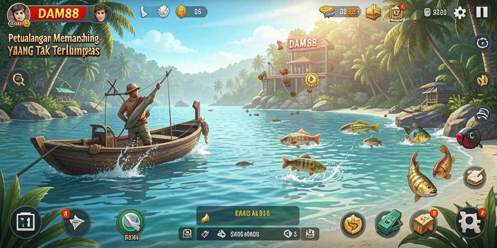 Gameplay menarik dengan berbagai pilihan lokasi memancing.