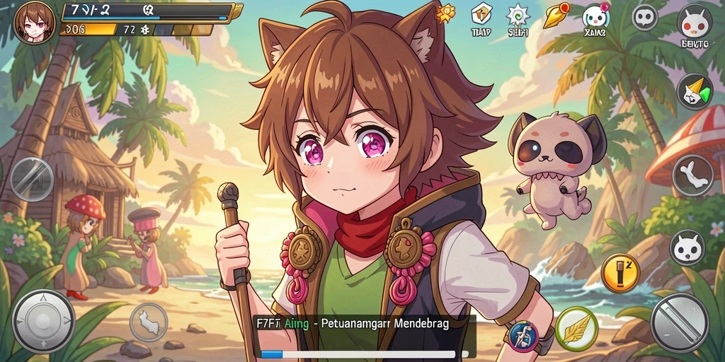 Tangkapan layar gameplay F7F7 yang menampilkan aksi seru karakter anime.