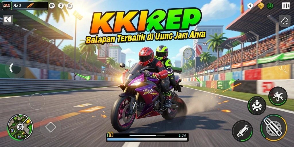 Tangkapan layar gameplay <strong>KKRP</strong> dalam aksi balap motor.