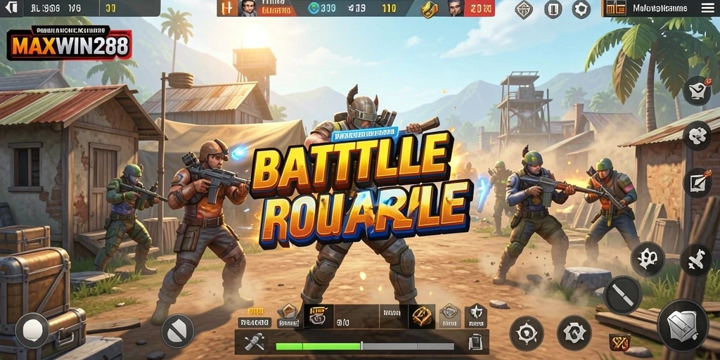 Screenshot MAXWIN288 menampilkan intensnya gameplay di medan perang Battle Royale.