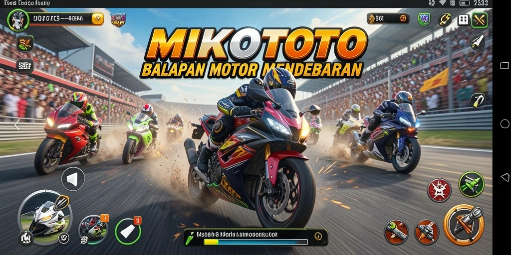 Tampilan gameplay MIKOTOTO dengan aksi balapan motor yang mendebarkan.
