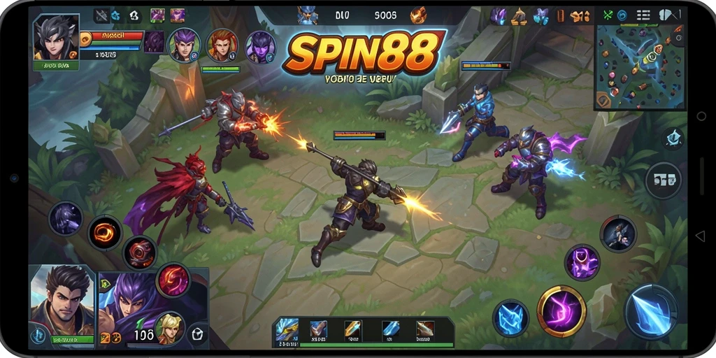Tampilan aksi penuh dari gameplay SPIN88 MOBA yang seru.