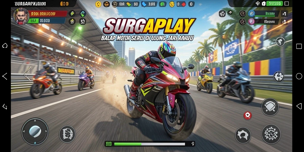 Tampilan gameplay balap motor yang seru dan menantang dalam SURGAPLAY.